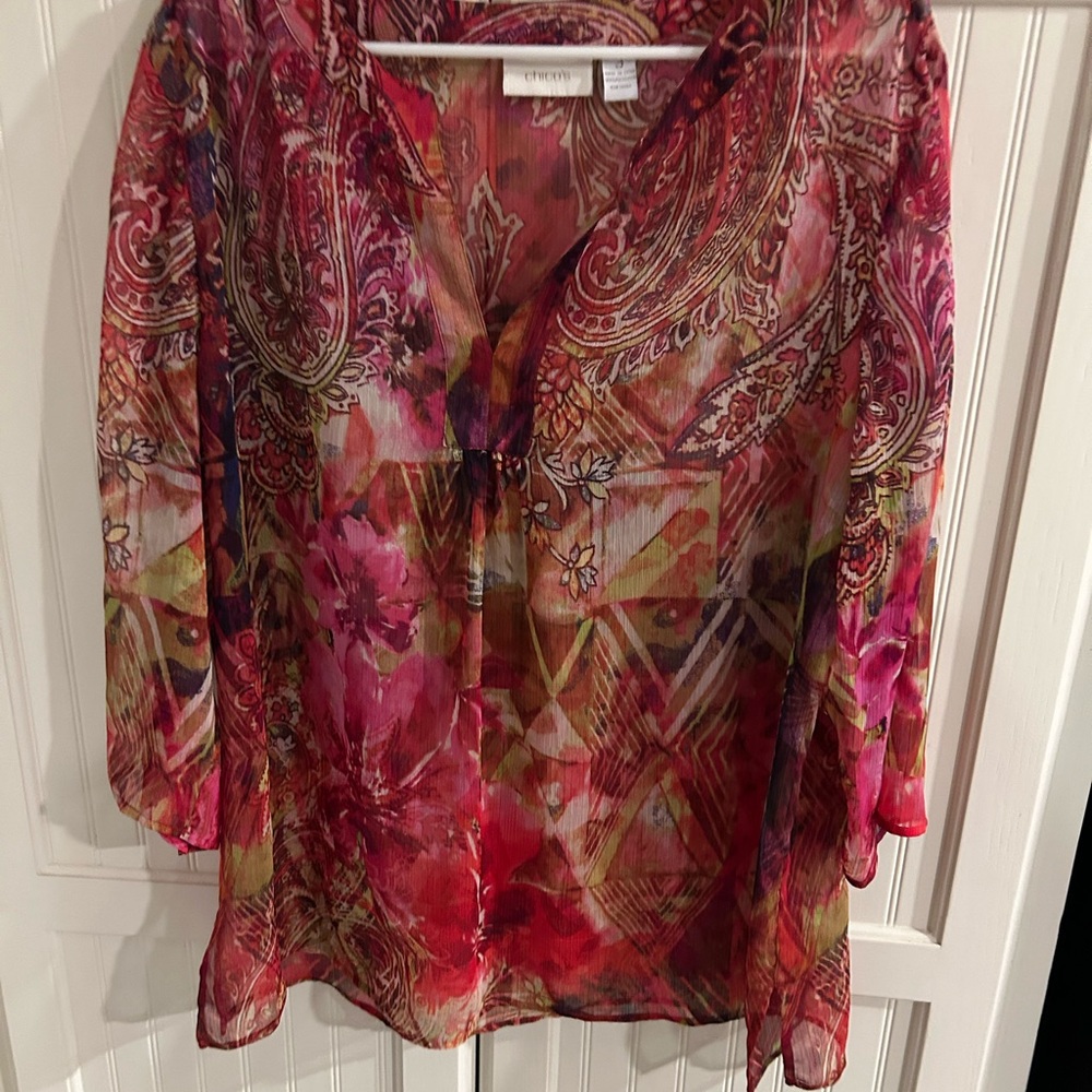 Chico's Vibrant Sheer Paisley Blouse - Red and Pink